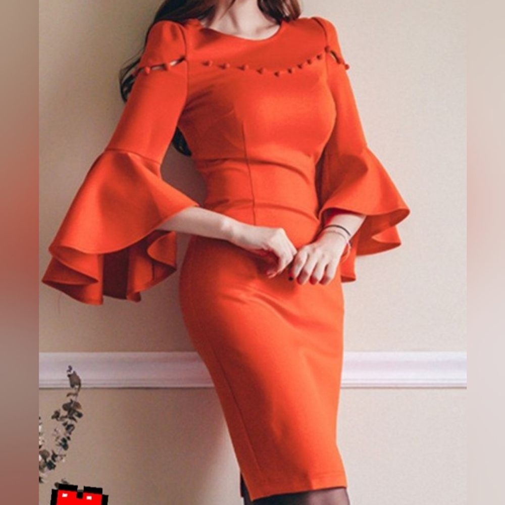 Bodycon XL Orange Dolman Ruffle Sleeve Dress By Fashion Mia